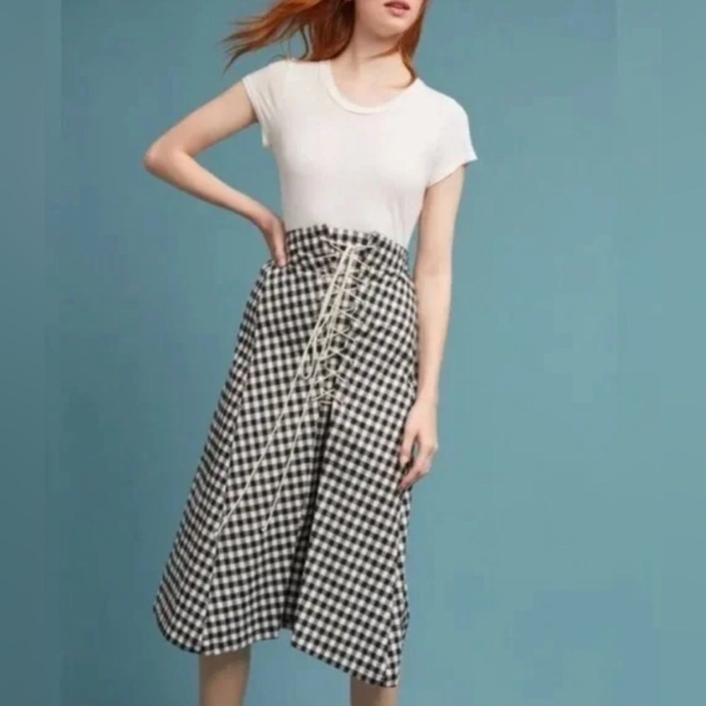 New Eva Franco Anthropologie Lace-Up Gingham Checkered Skirt, Size S